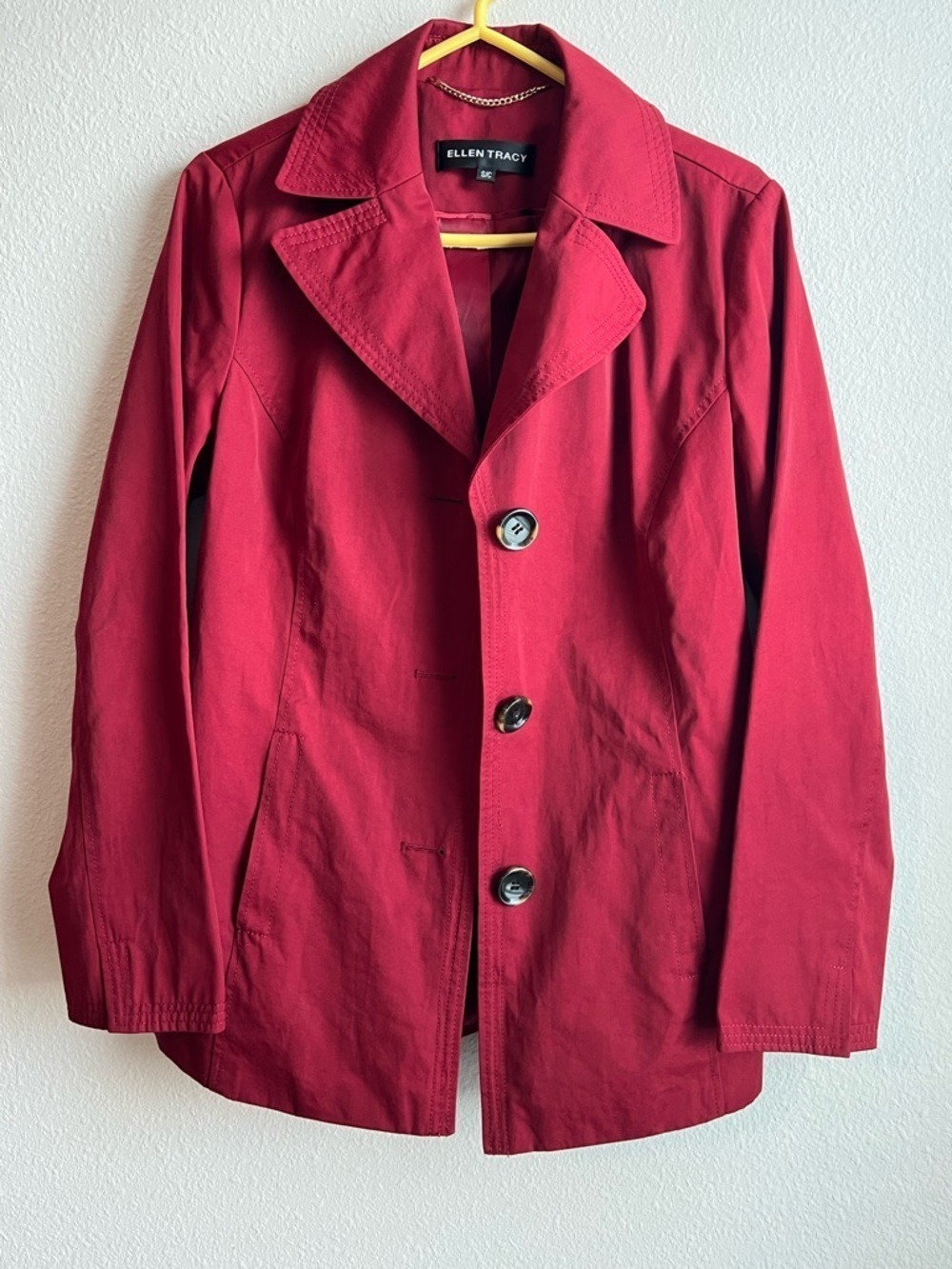 Ellen Tracy Wine Red Trench-Style Coat With Buttons and Pockets